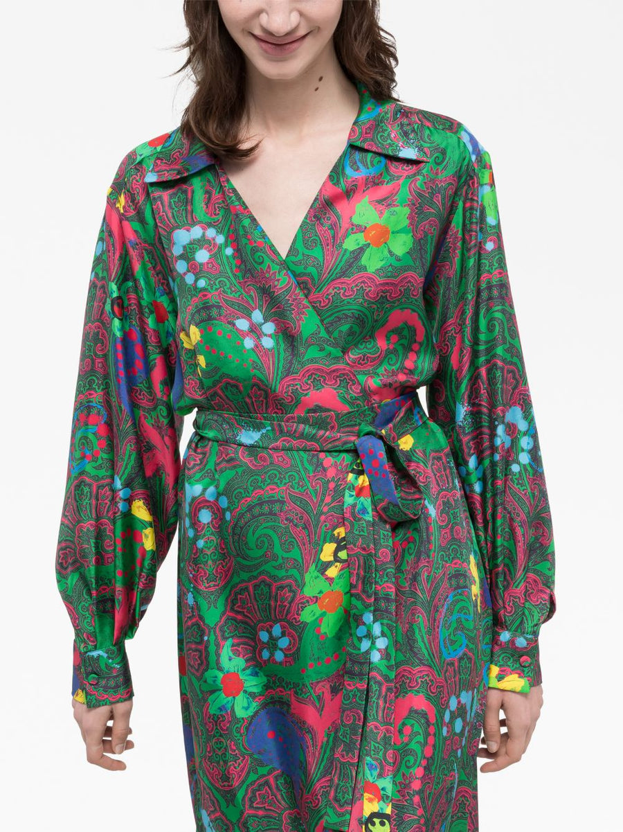 Az Factory By Ester Manas Silk Wrap Dress With Paisley Print In Green Long Belted Silhouette For Women