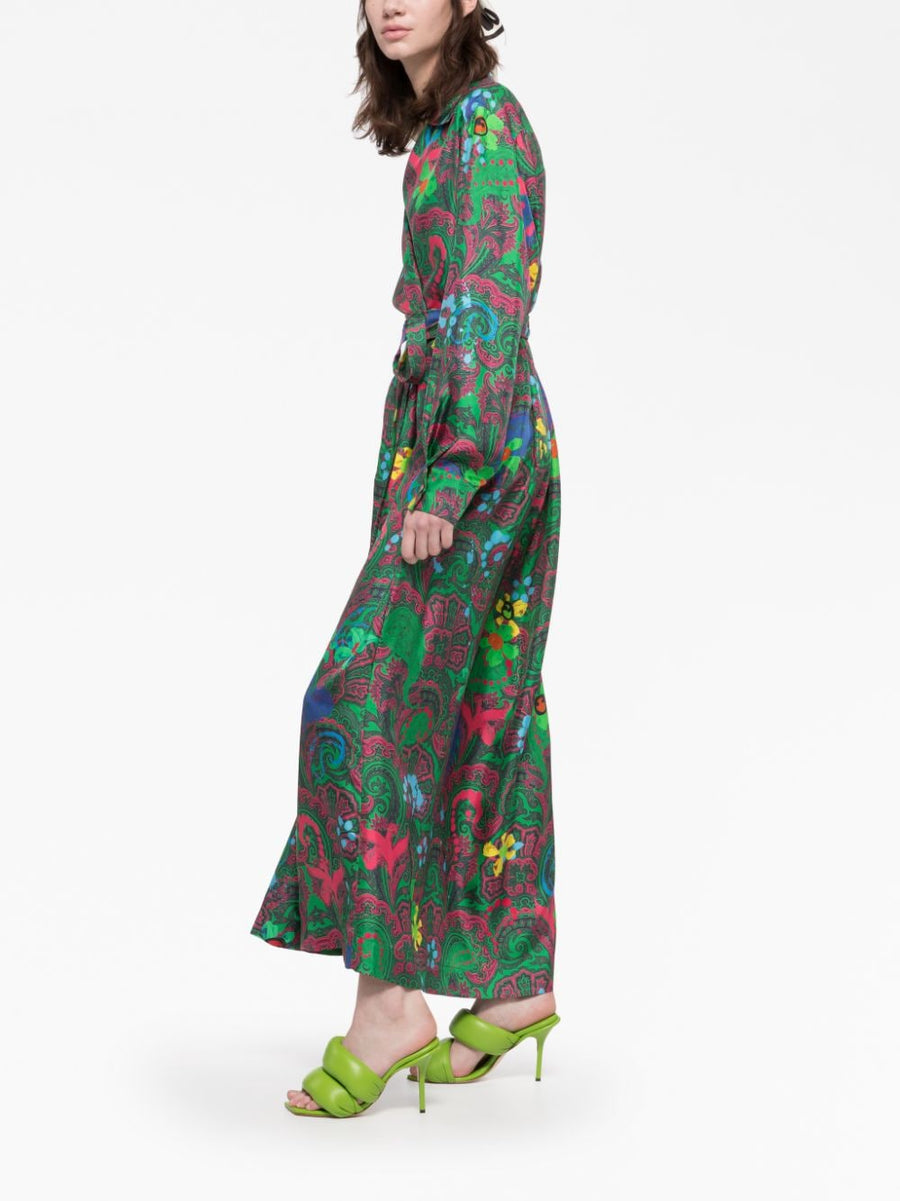 Az Factory By Ester Manas Silk Wrap Dress With Paisley Print In Green Long Belted Silhouette For Women