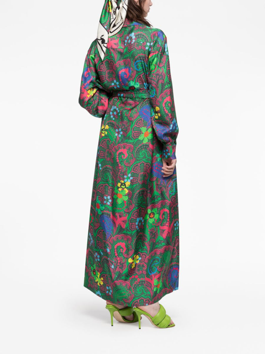 Az Factory By Ester Manas Silk Wrap Dress With Paisley Print In Green Long Belted Silhouette For Women