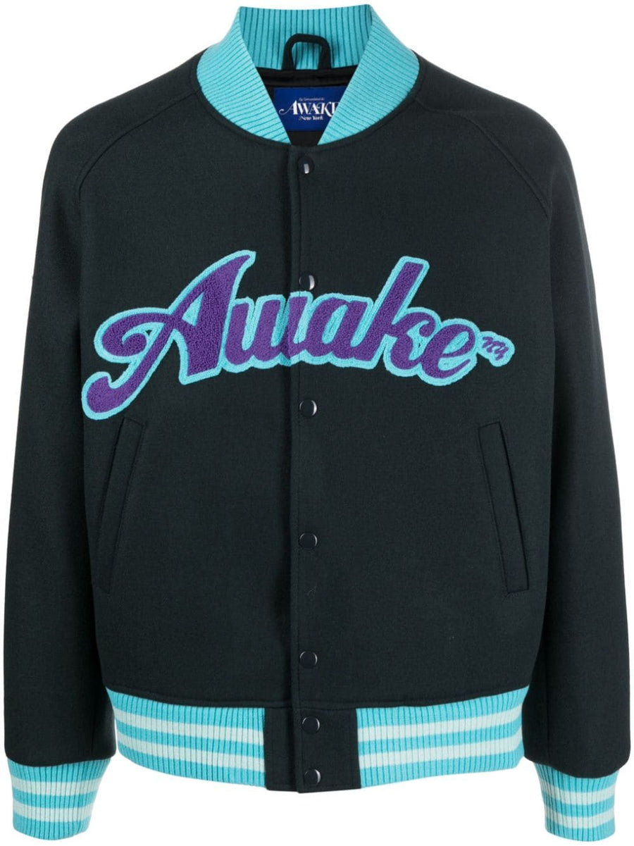 Awake NY Logo Varsity Jacket For Men Premium Wool Blend With Stripe Trim And Front Logo Patch