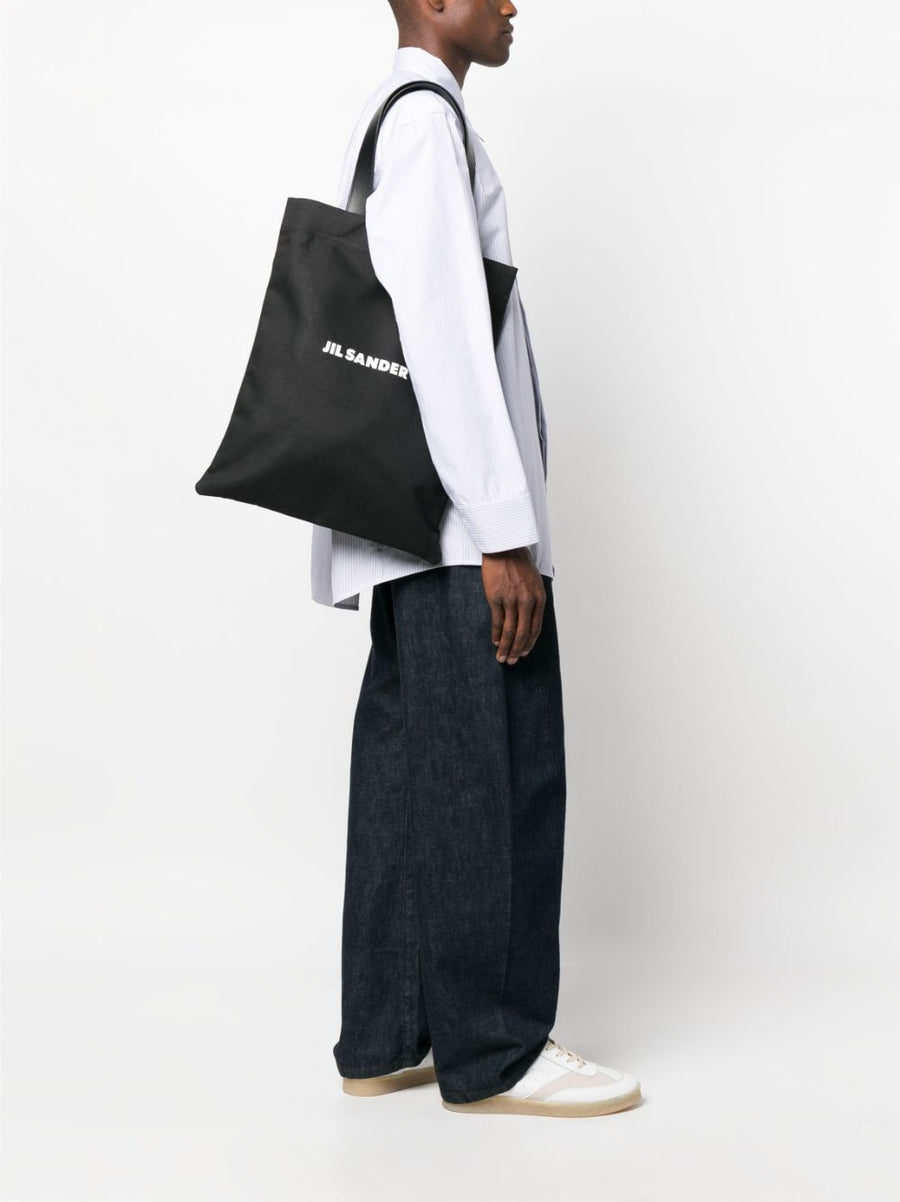 Jil Sander Logo Print Tote Bag Luxurious Calf Leather Exterior Cotton Linen Blend Everyday Shopper
