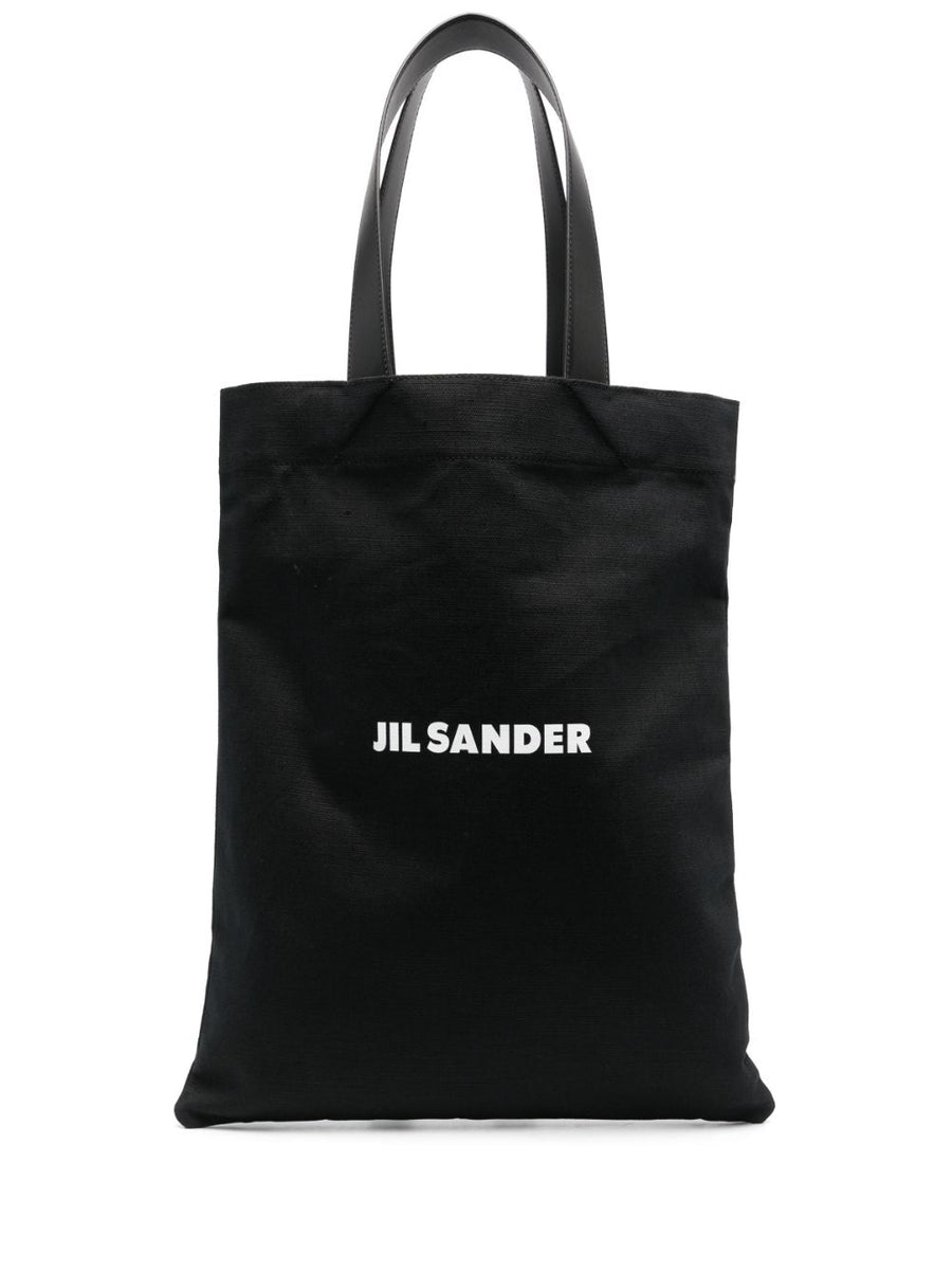 Jil Sander Logo Print Tote Bag Luxurious Calf Leather Exterior Cotton Linen Blend Everyday Shopper