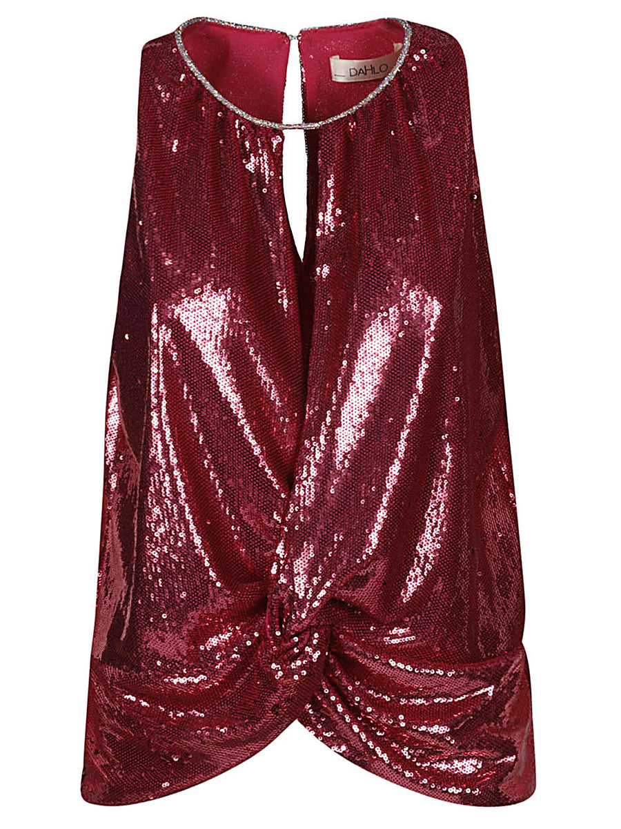 Sequin Cropped Top by Dahlo, Fuchsia Embellished Nightlife Top for Women, Sparkling Bold Evening Partywear