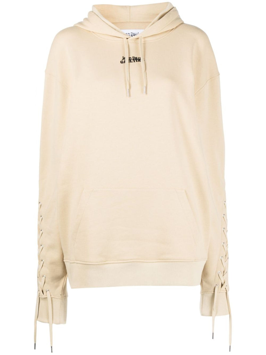 Jean Paul Gaultier Logo Cotton Hoodie For Women 100 Percent Cotton Comfort Front Embroidery Beige