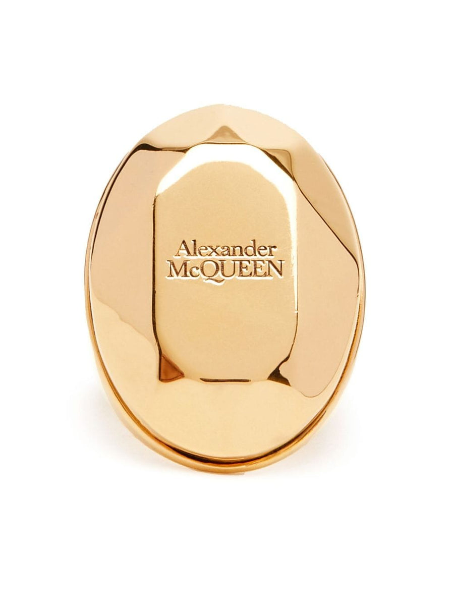 Alexander McQueen Faceted Stone Ring Gold Tone Brass Bold Signature Logo Statement For Women