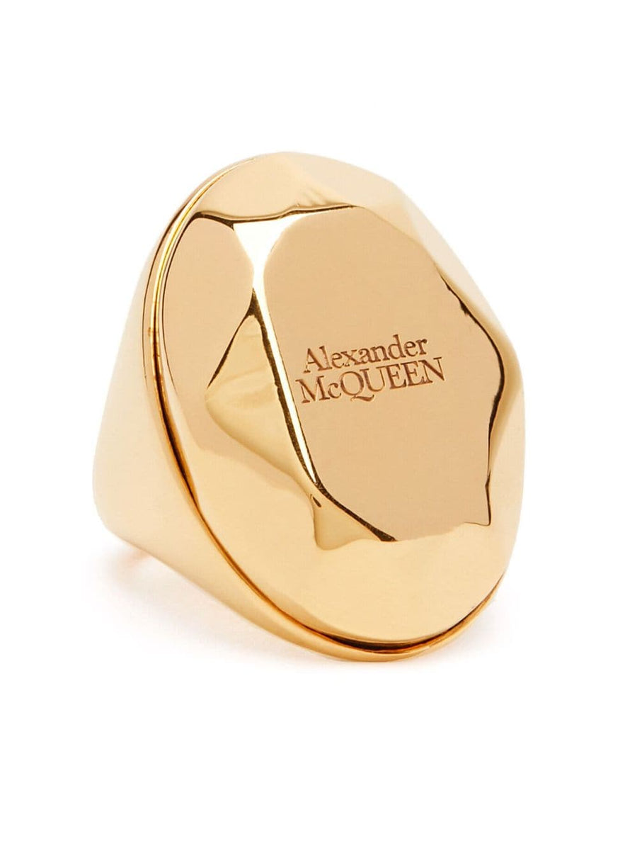 Alexander McQueen Faceted Stone Ring Gold Tone Brass Bold Signature Logo Statement For Women