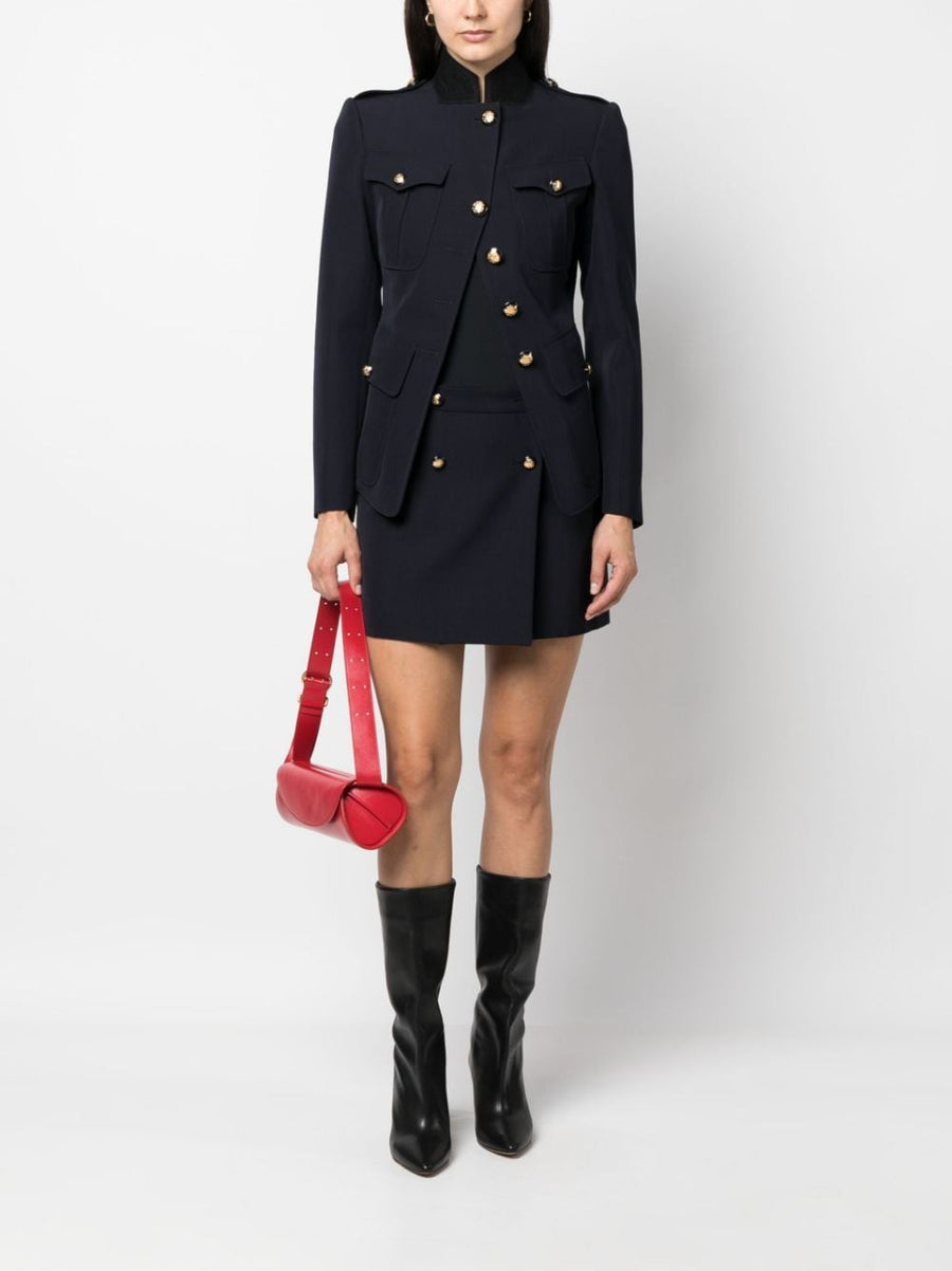 Alexander McQueen Navy Wool Cotton Wrap Mini Skirt High Waist With Gold Button Details For Women