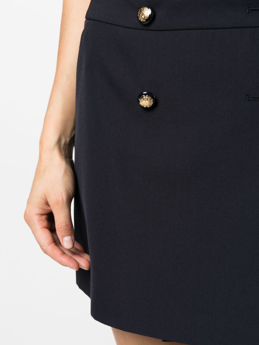 Alexander McQueen Navy Wool Cotton Wrap Mini Skirt High Waist With Gold Button Details For Women