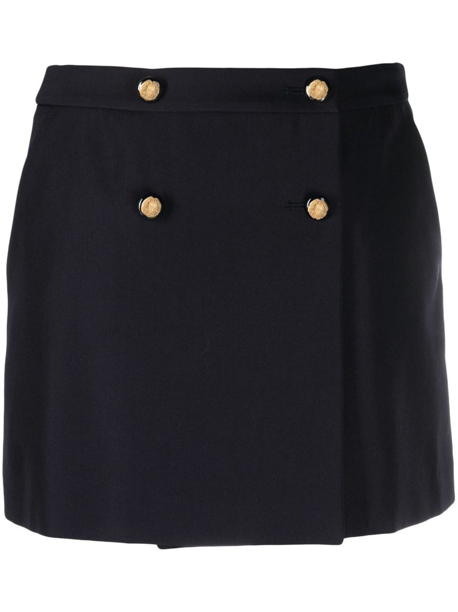 Alexander McQueen Navy Wool Cotton Wrap Mini Skirt High Waist With Gold Button Details For Women