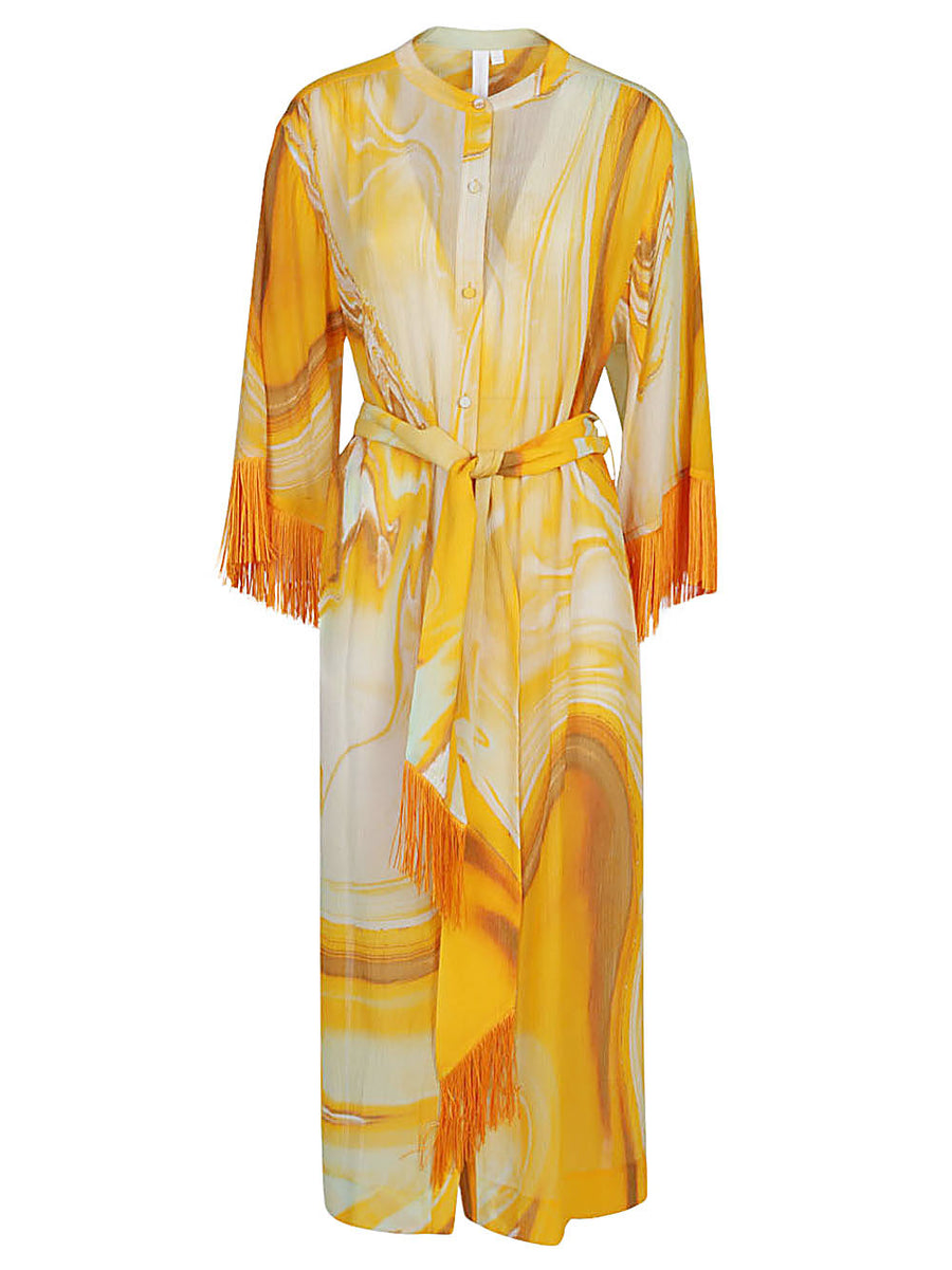 Jonathan Simkhai Odelia Printed Cotton Silk Cover Up With Belt And Fringe For Women Beach Resort Wear
