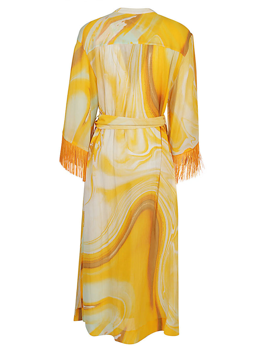 Jonathan Simkhai Odelia Printed Cotton Silk Cover Up With Belt And Fringe For Women Beach Resort Wear