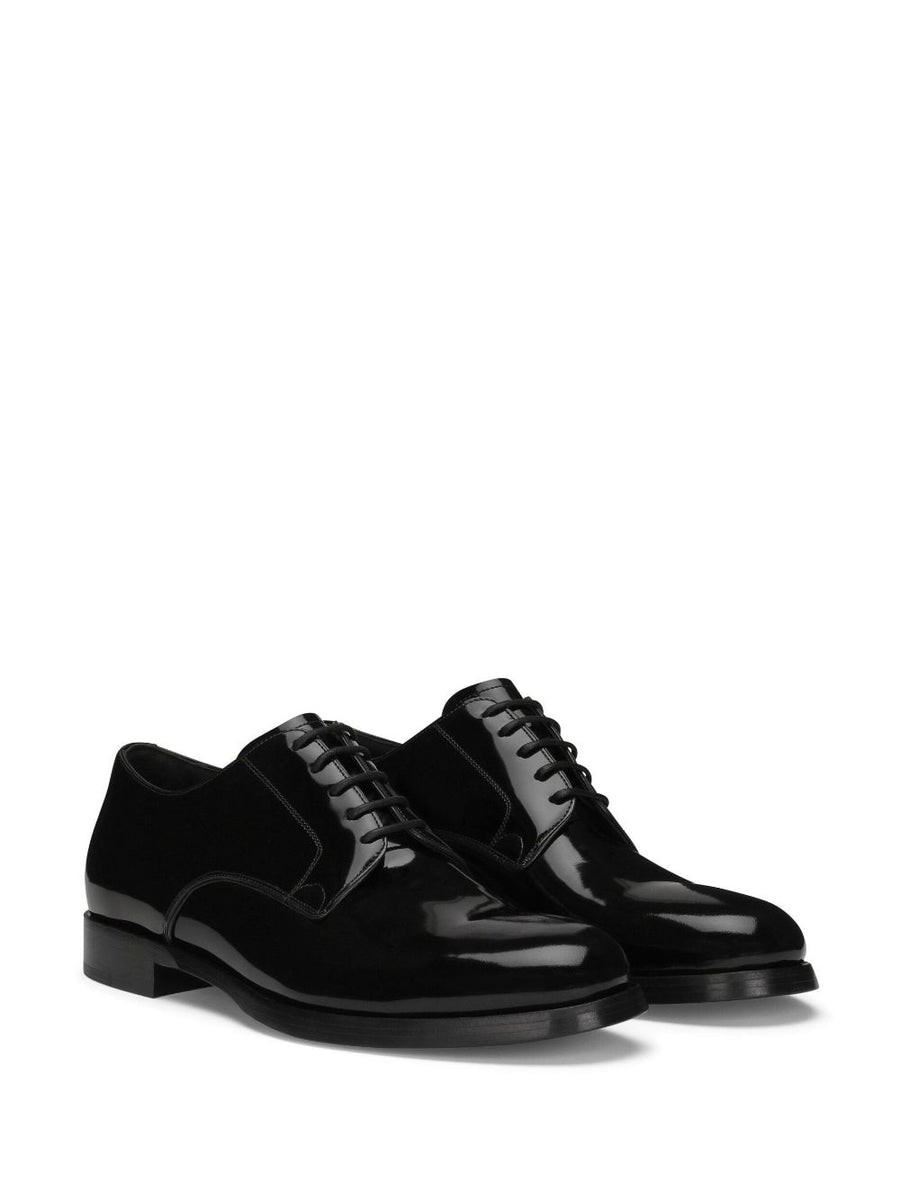 Dolce & Gabbana Leather Derby Shoes For Men Black Calf Leather Patent Finish Luxury Formal Wear