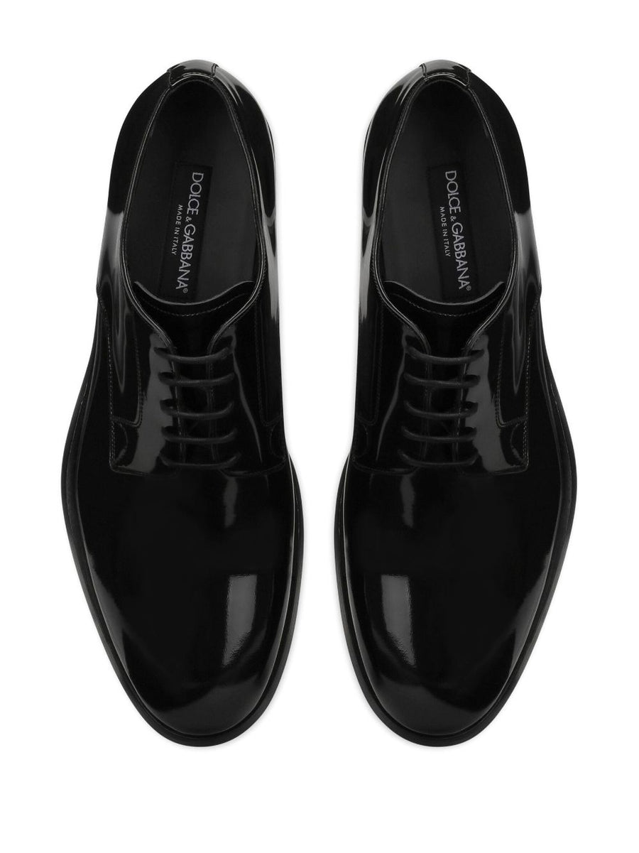 Dolce & Gabbana Leather Derby Shoes For Men Black Calf Leather Patent Finish Luxury Formal Wear