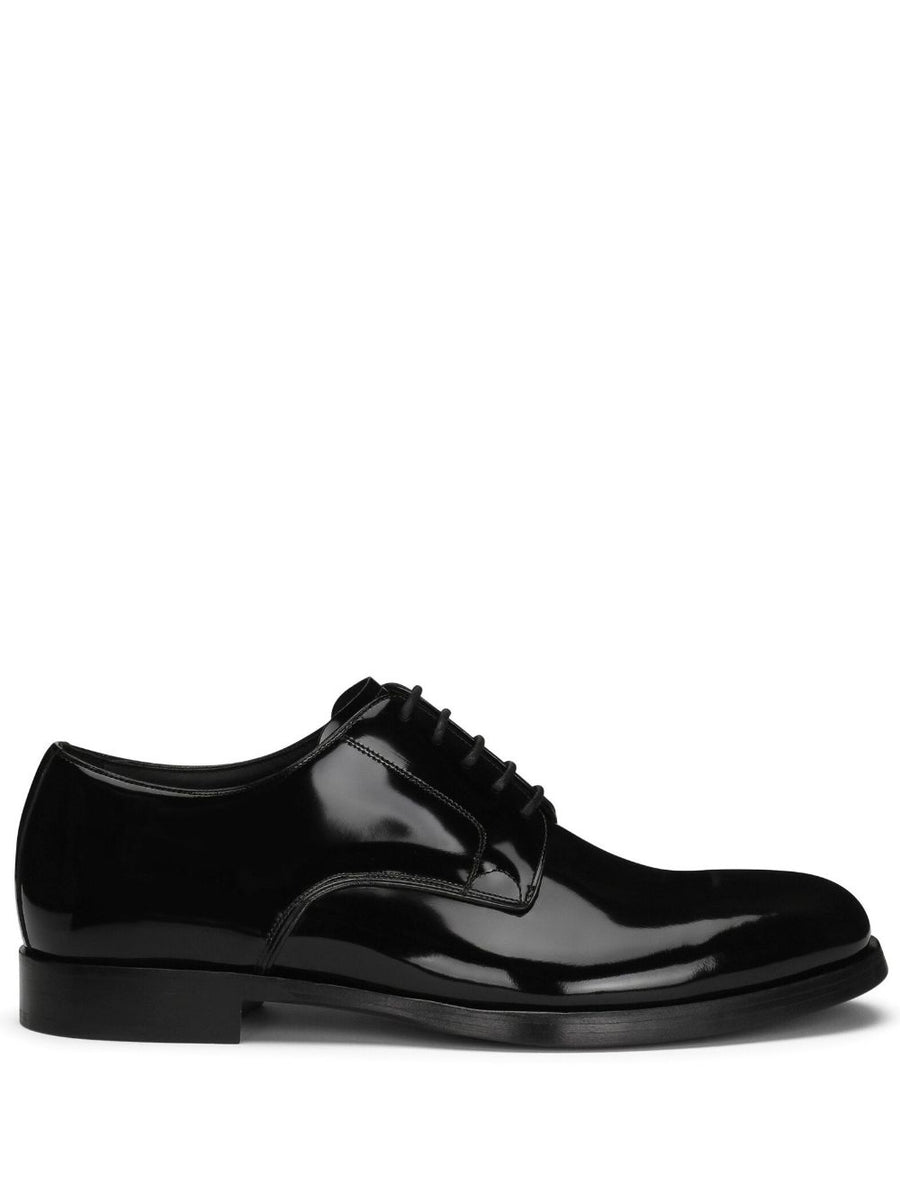 Dolce & Gabbana Leather Derby Shoes For Men Black Calf Leather Patent Finish Luxury Formal Wear