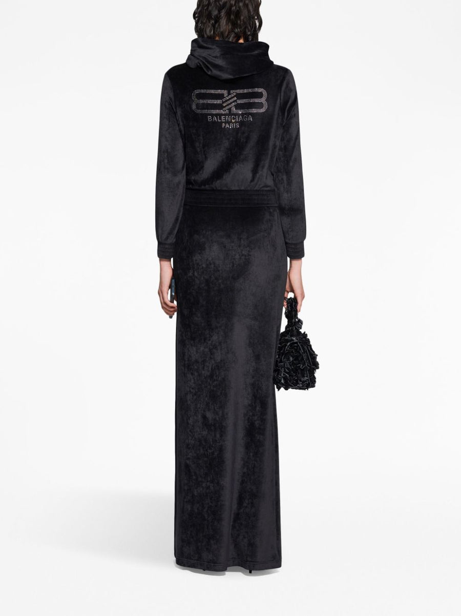 Balenciaga Crystal Embellished Velvet Zip Up Hoodie For Women Luxury Streetwear Logo Detail