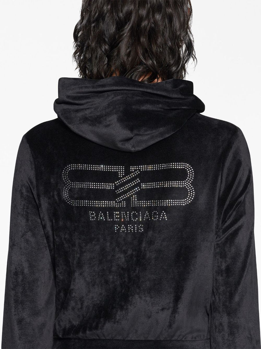 Balenciaga Crystal Embellished Velvet Zip Up Hoodie For Women Luxury Streetwear Logo Detail
