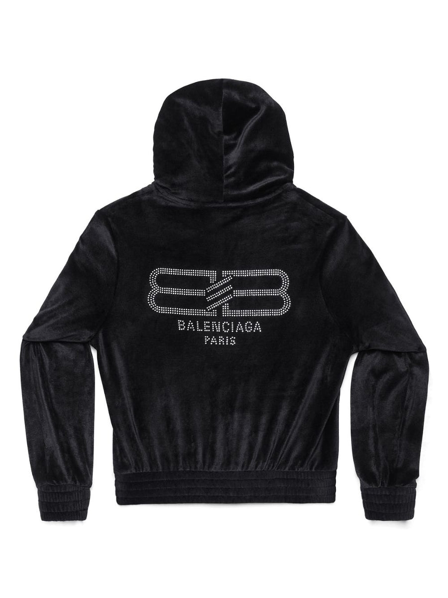 Balenciaga Crystal Embellished Velvet Zip Up Hoodie For Women Luxury Streetwear Logo Detail
