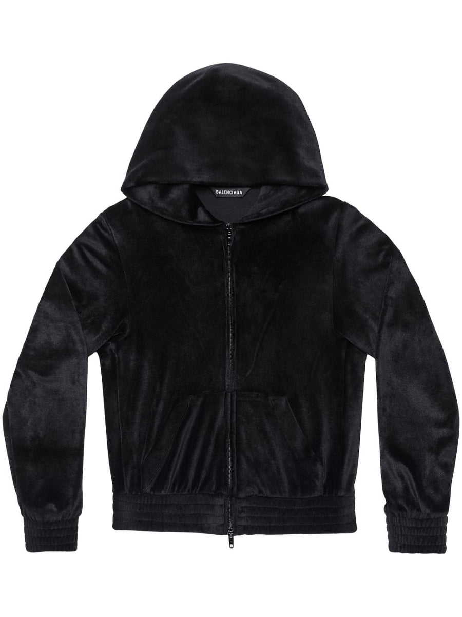 Balenciaga Crystal Embellished Velvet Zip Up Hoodie For Women Luxury Streetwear Logo Detail
