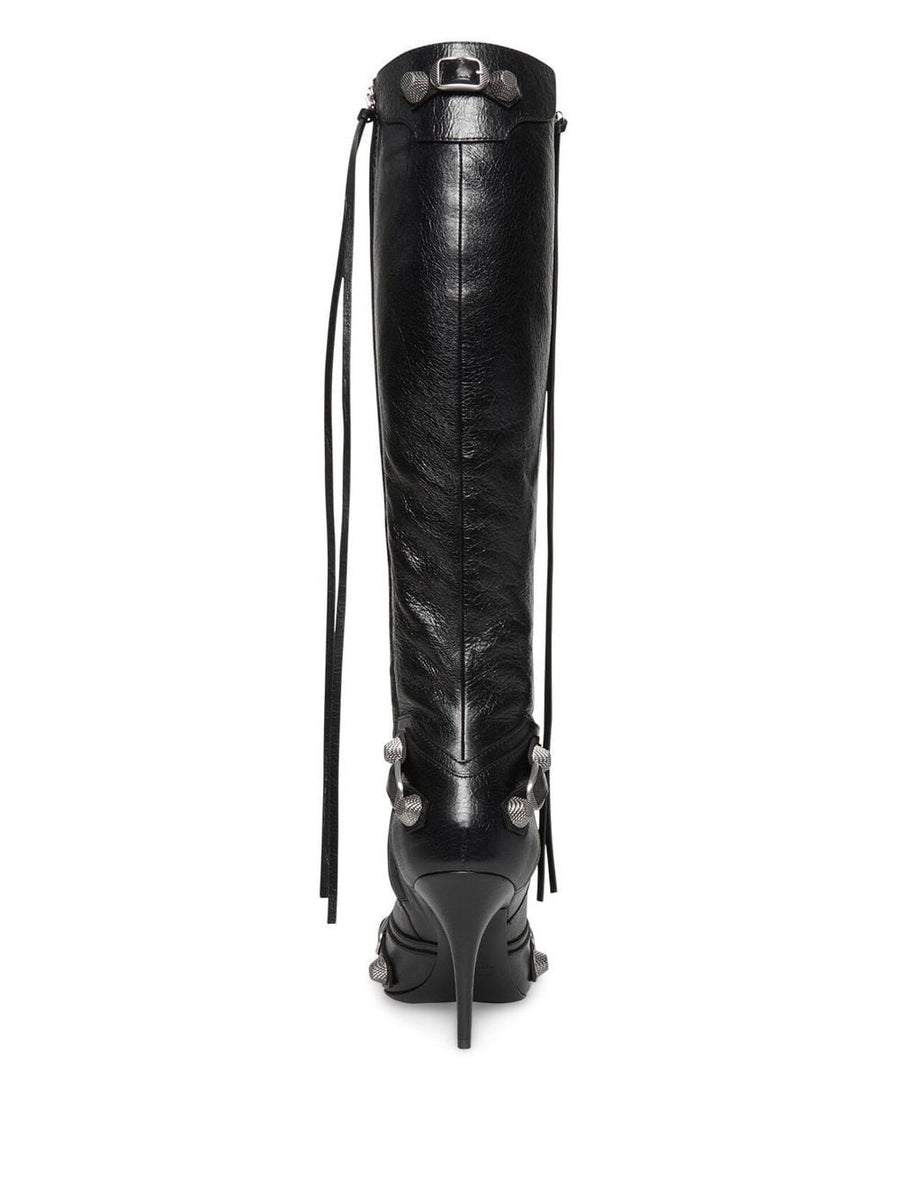 Balenciaga Cagole Knee High Boots 90mm Stiletto Black Lambskin For Fashion Forward Women