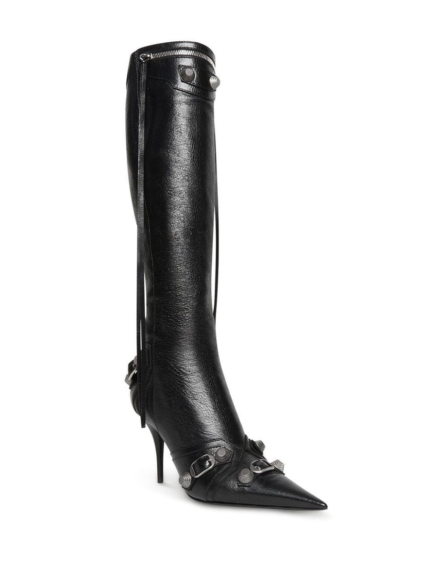 Balenciaga Cagole Knee High Boots 90mm Stiletto Black Lambskin For Fashion Forward Women