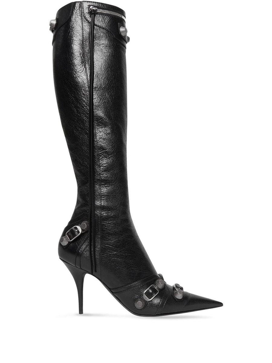 Balenciaga Cagole Knee High Boots 90mm Stiletto Black Lambskin For Fashion Forward Women