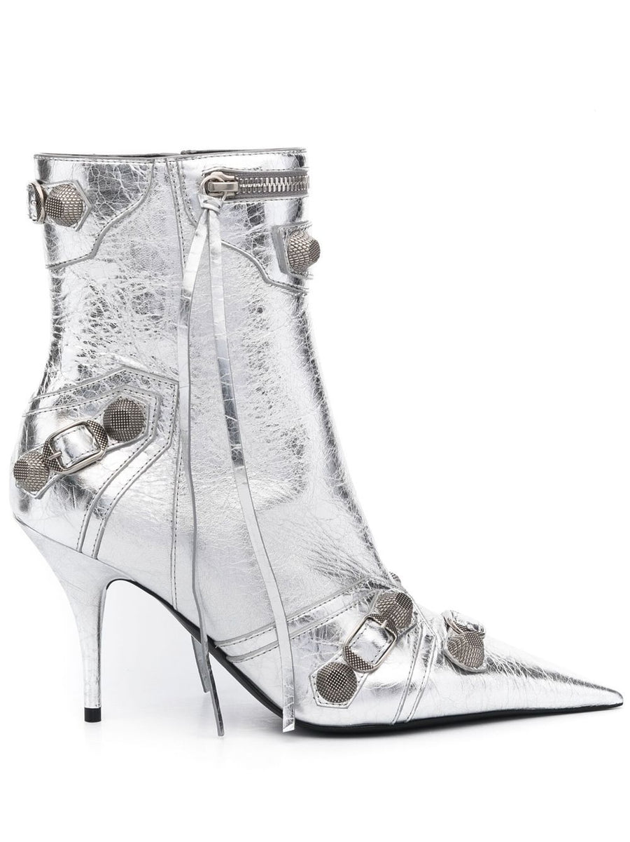 Balenciaga Cagole Leather Ankle Boots With Metallic Silver Finish Studded Bold High Heel For Women
