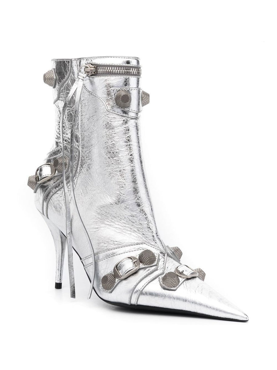 Balenciaga Cagole Leather Ankle Boots With Metallic Silver Finish Studded Bold High Heel For Women