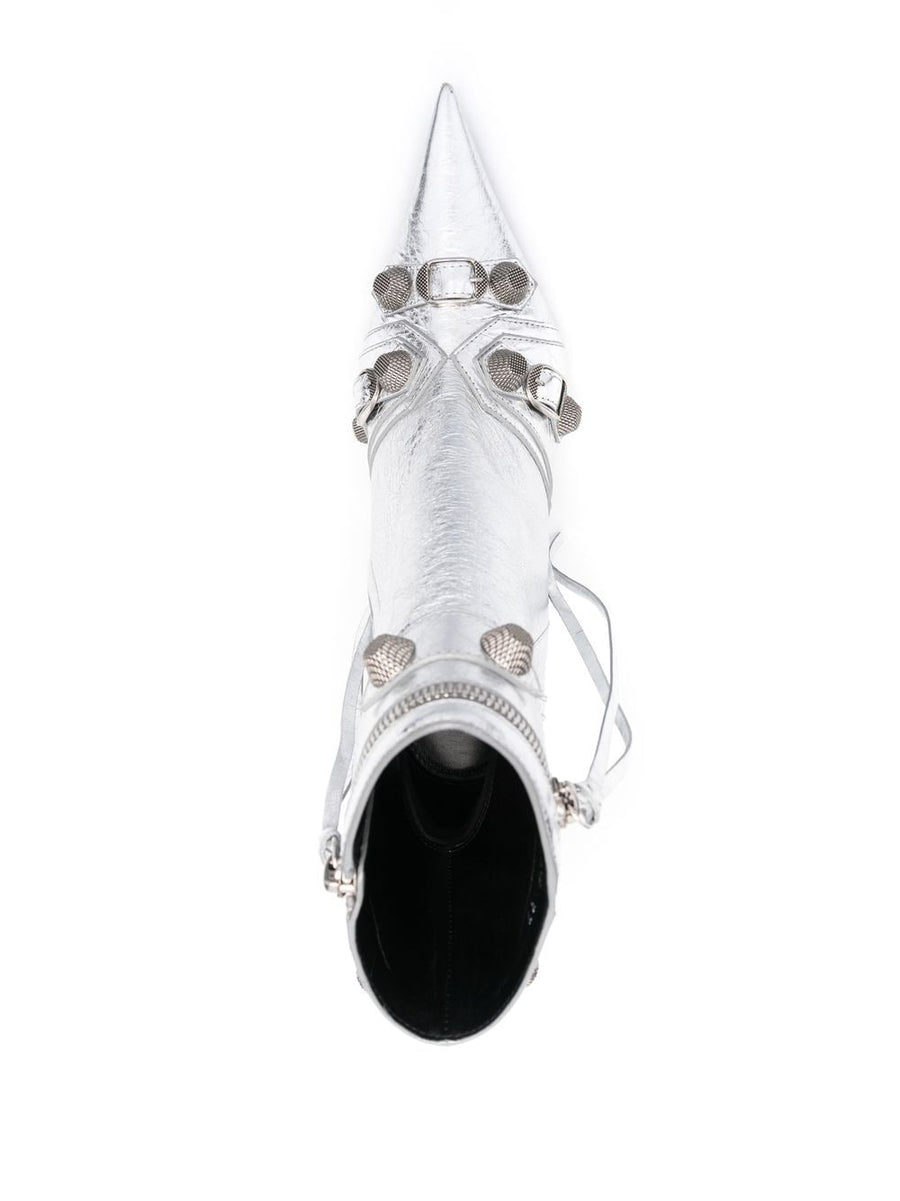 Balenciaga Cagole Leather Ankle Boots With Metallic Silver Finish Studded Bold High Heel For Women