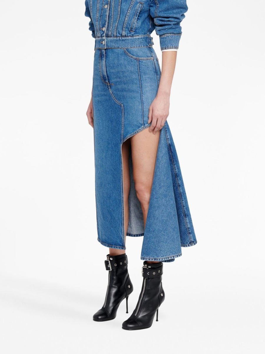Alexander McQueen Navy Denim Midi Skirt With Architectural Cutouts For Modern Women