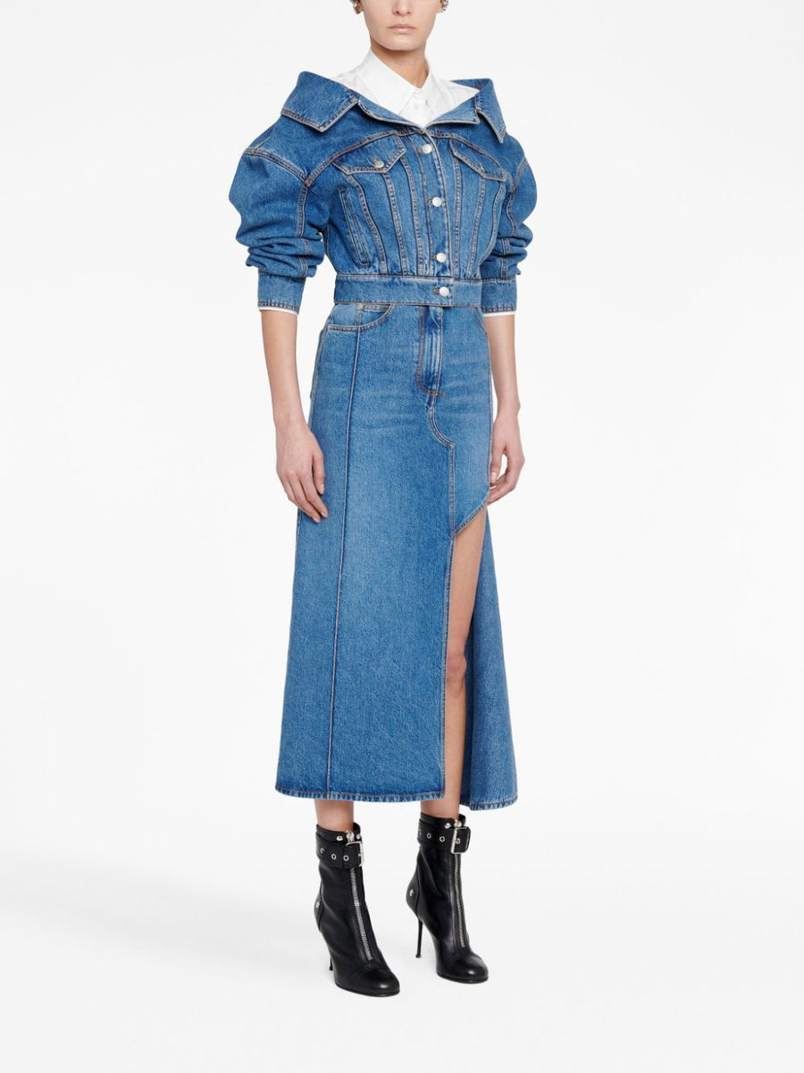 Alexander McQueen Navy Denim Midi Skirt With Architectural Cutouts For Modern Women