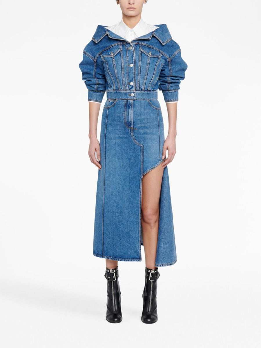 Alexander McQueen Navy Denim Midi Skirt With Architectural Cutouts For Modern Women