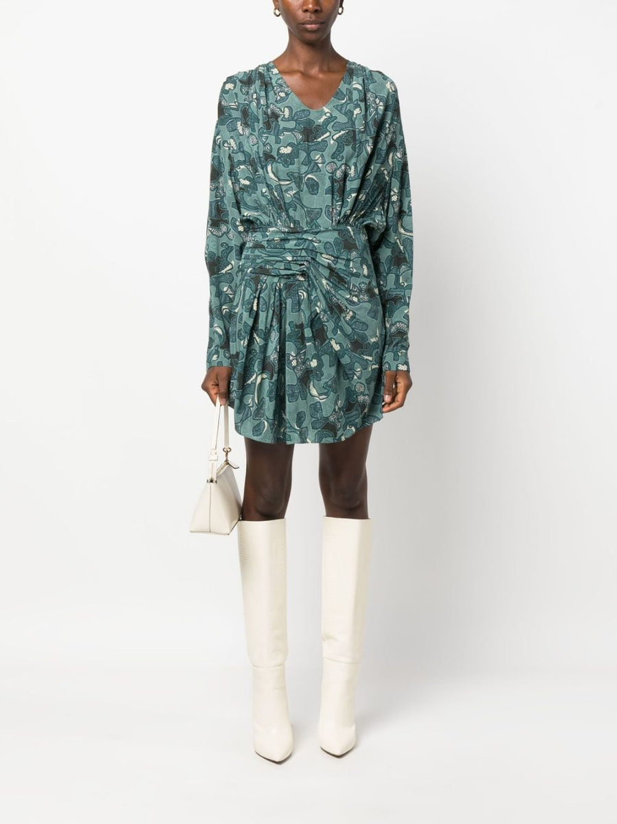 IRO Fontana Luxurious Printed Short Dress For Women With Blue Abstract Print And Draped Detailing