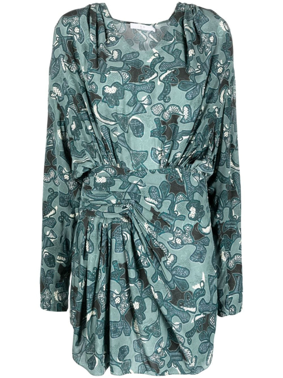 IRO Fontana Luxurious Printed Short Dress For Women With Blue Abstract Print And Draped Detailing