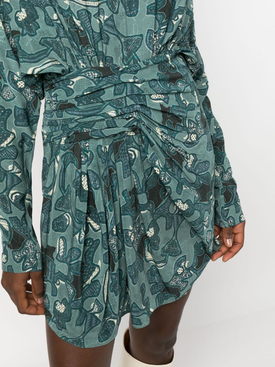 IRO Fontana Luxurious Printed Short Dress For Women With Blue Abstract Print And Draped Detailing