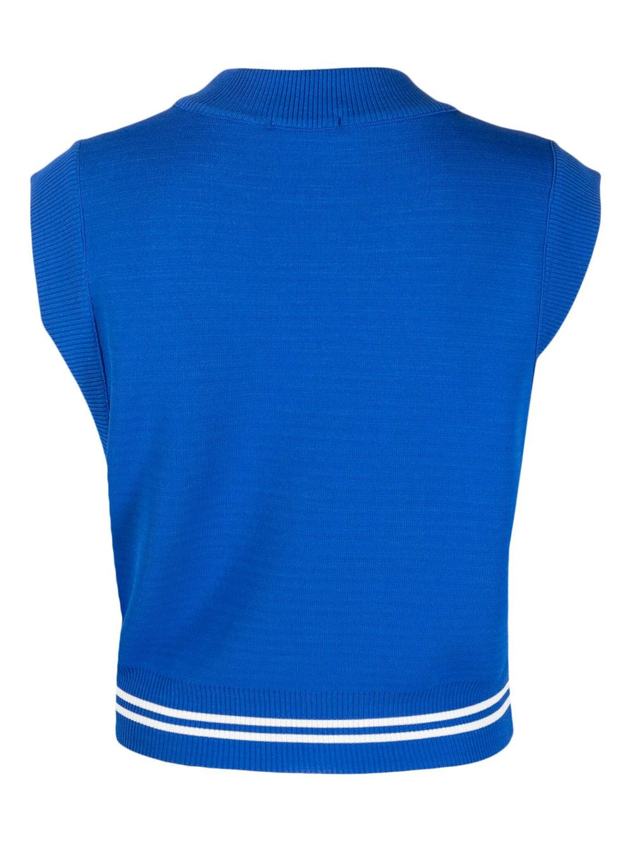Autry Logo Vest For Women Navy Luxury Knit With Embroidered Chest Logo Details And Striped Edging