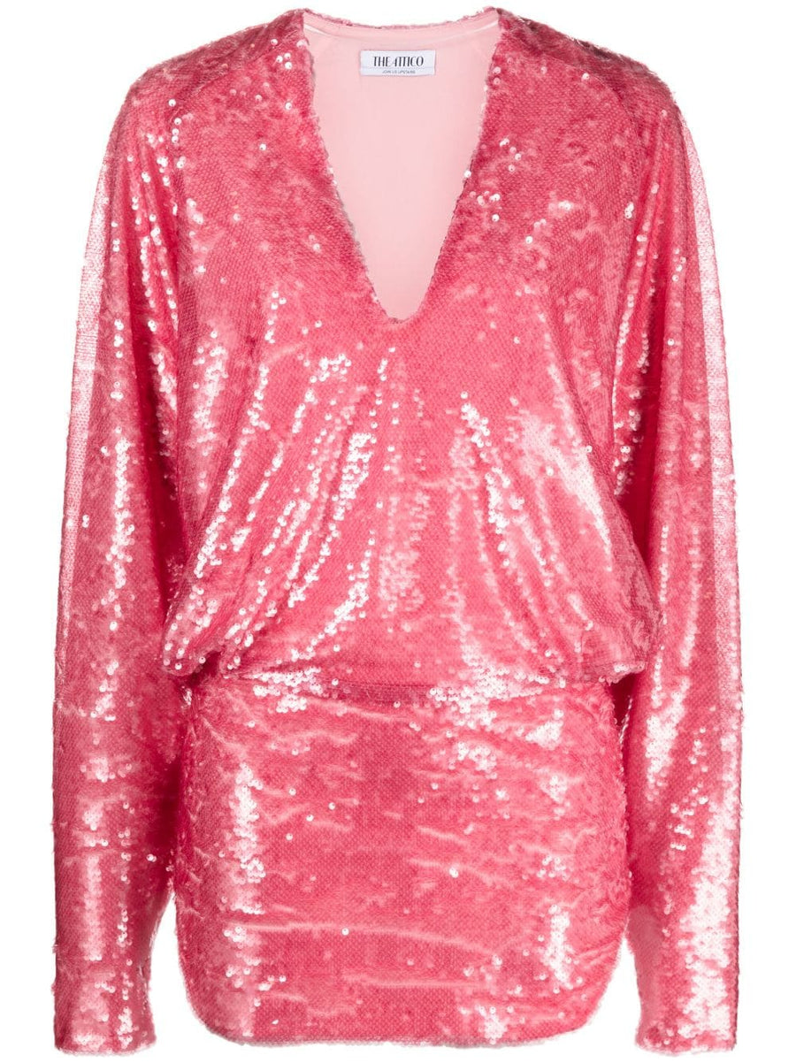 The Attico Gael Sequined Mini Dress For Women Ultra Glam Coral Pink V Neck Sparkle