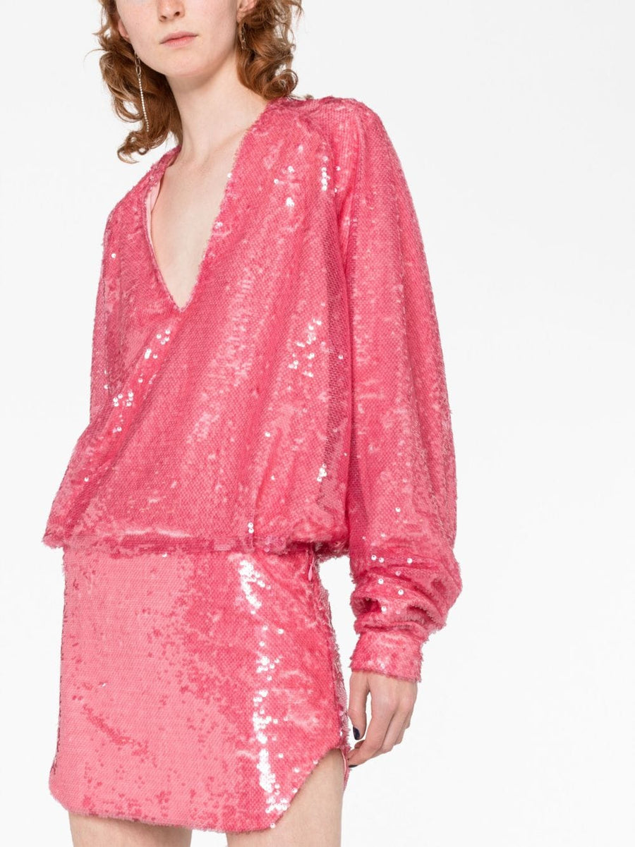 The Attico Gael Sequined Mini Dress For Women Ultra Glam Coral Pink V Neck Sparkle
