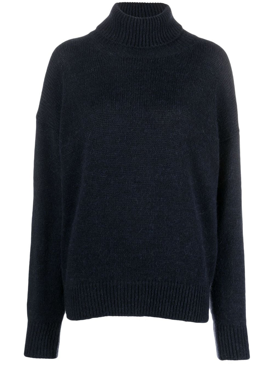 Alysi Mohair Wool Turtleneck Sweater for Women Luxury Warmth Two Tone Midnight Blue Powder Blue