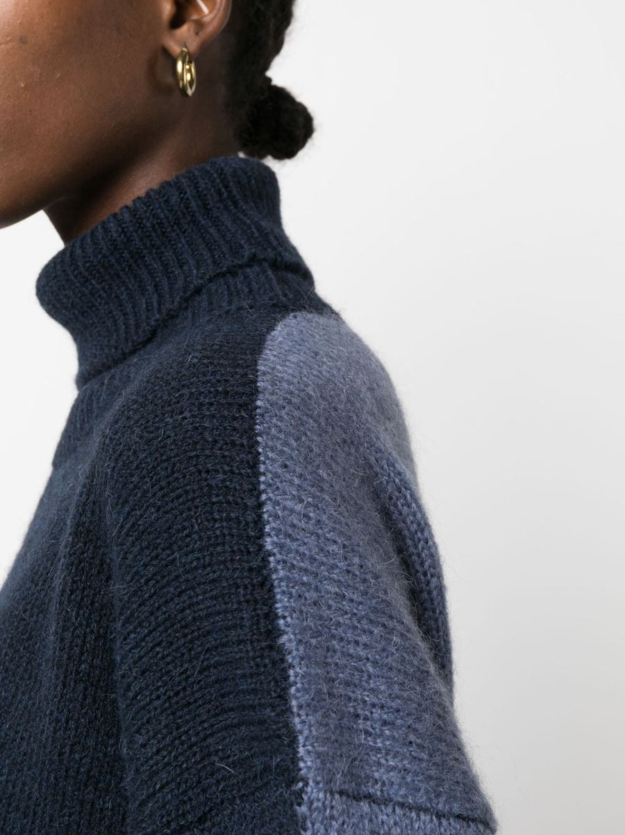 Alysi Mohair Wool Turtleneck Sweater for Women Luxury Warmth Two Tone Midnight Blue Powder Blue