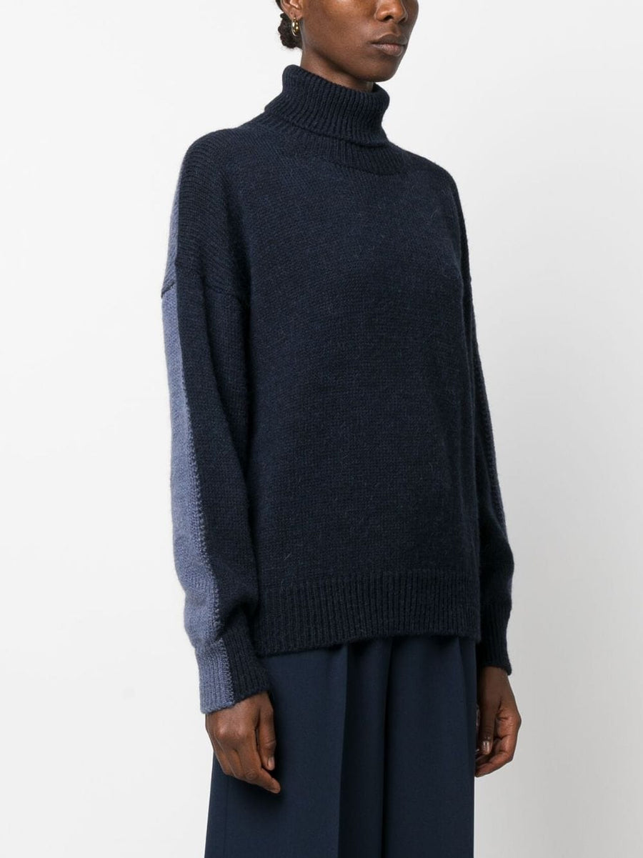 Alysi Mohair Wool Turtleneck Sweater for Women Luxury Warmth Two Tone Midnight Blue Powder Blue