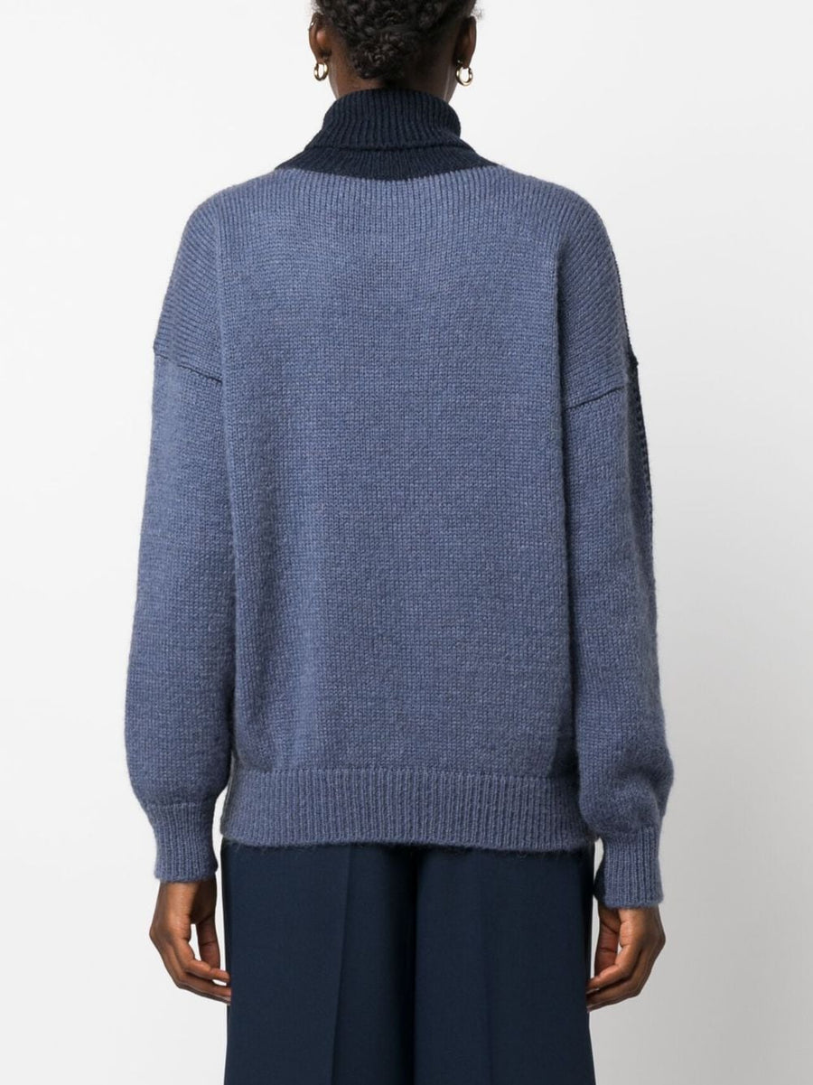 Alysi Mohair Wool Turtleneck Sweater for Women Luxury Warmth Two Tone Midnight Blue Powder Blue