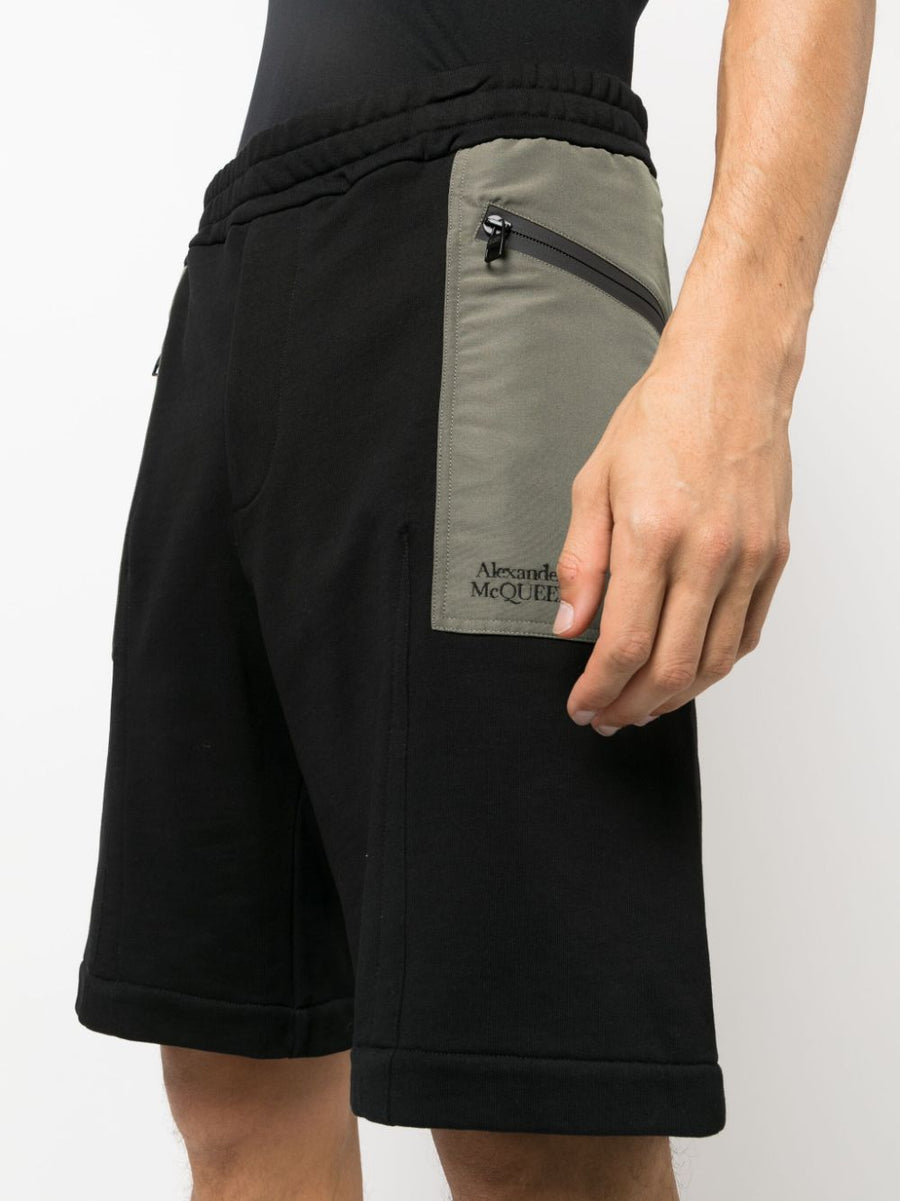 Alexander McQueen Two Tone Elasticated Track Shorts For Men Black Olive Organic Cotton