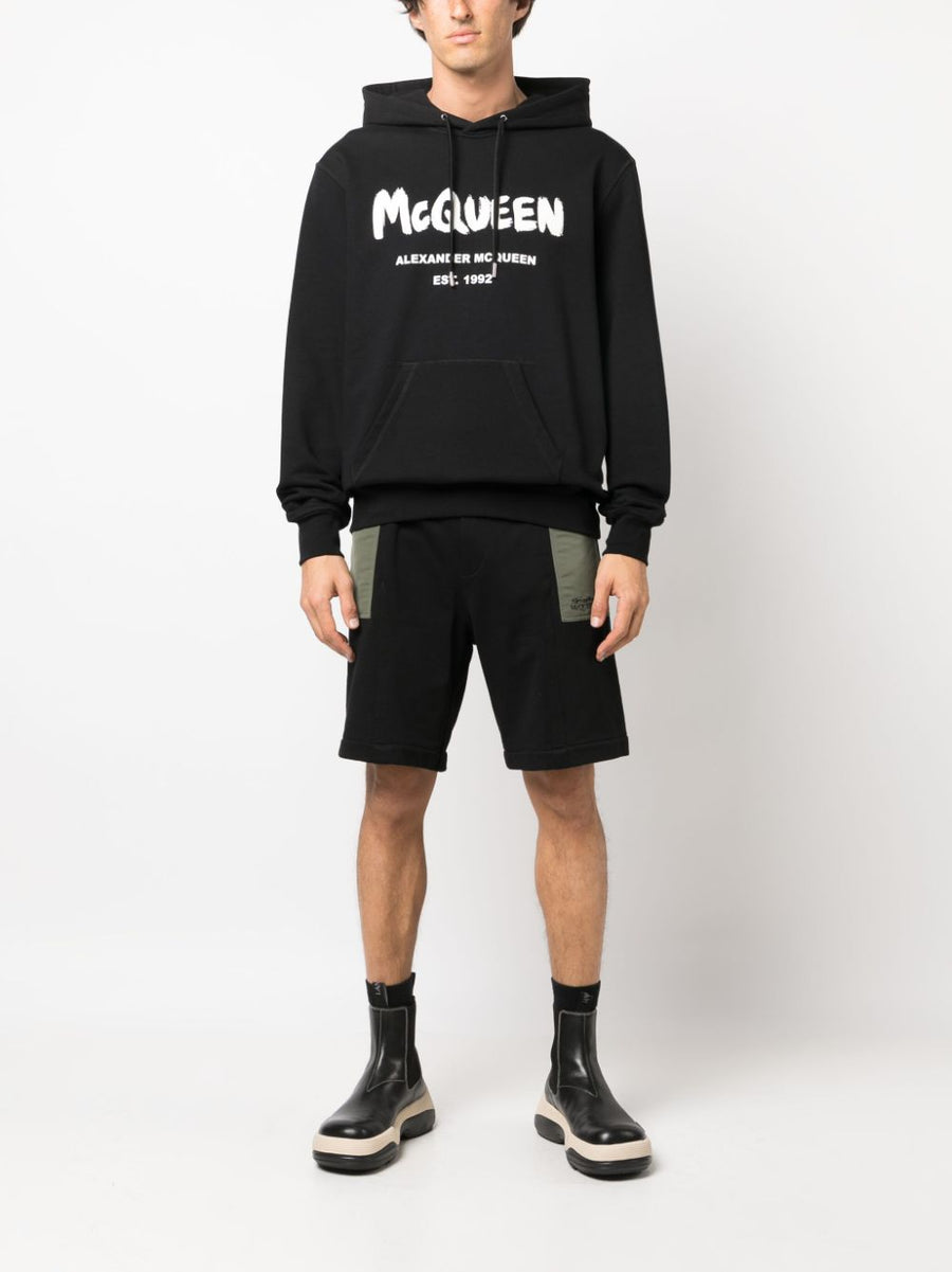 Alexander McQueen Two Tone Elasticated Track Shorts For Men Black Olive Organic Cotton