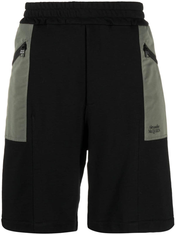 Alexander McQueen Two Tone Elasticated Track Shorts For Men Black Olive Organic Cotton