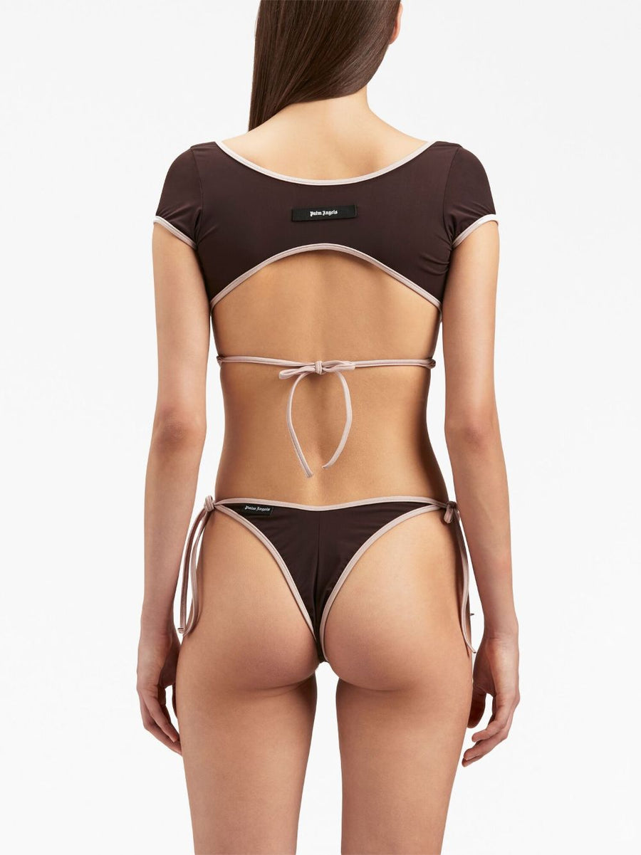 Palm Angels Wrap Bikini Top Cap Sleeve Cropped Beachwear For Women Luxurious Brown Pink Accents
