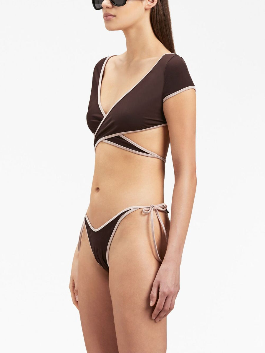 Palm Angels Wrap Bikini Top Cap Sleeve Cropped Beachwear For Women Luxurious Brown Pink Accents