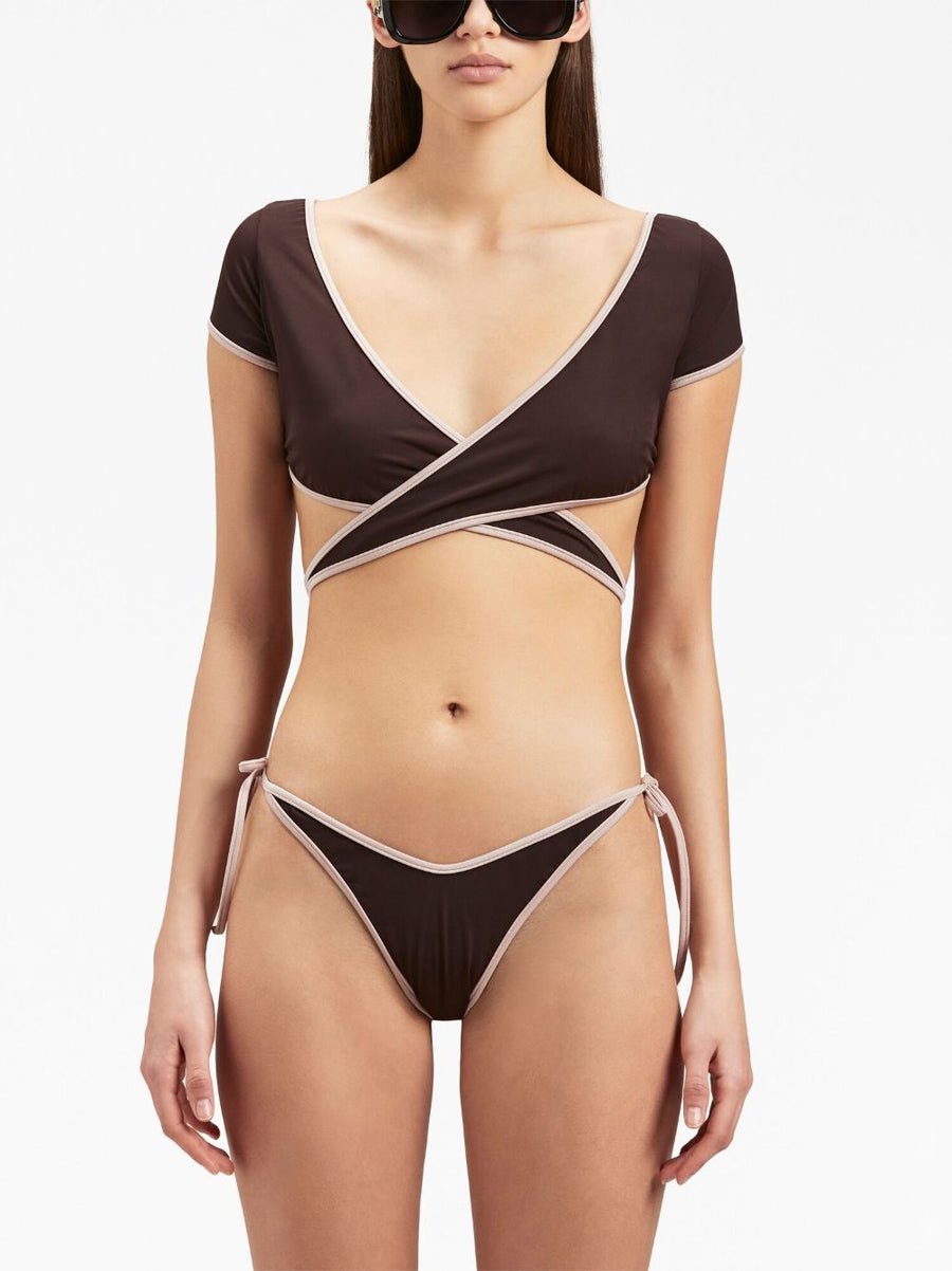 Palm Angels Wrap Bikini Top Cap Sleeve Cropped Beachwear For Women Luxurious Brown Pink Accents
