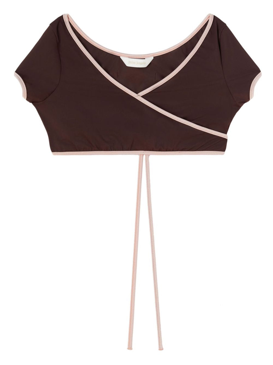 Palm Angels Wrap Bikini Top Cap Sleeve Cropped Beachwear For Women Luxurious Brown Pink Accents