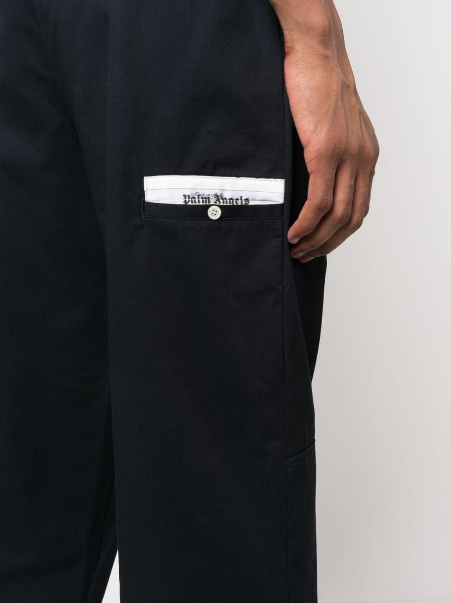 Palm Angels Cotton Trousers Navy Blue For Men With Premium Refined Straight Leg Fit And Sartorial Tape Detailing