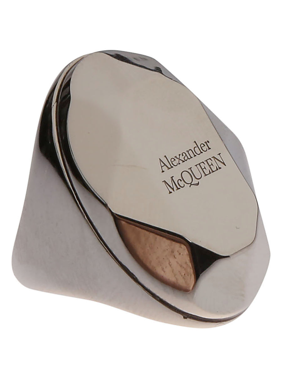 Alexander McQueen Faceted Stone Ring for Women With Bold Silver Tone Brass Band and Engraved Logo